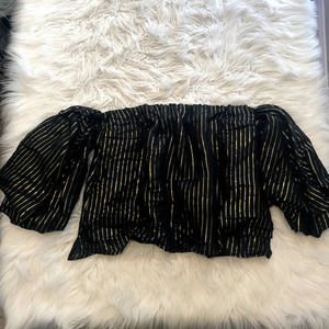 nwt zara woman black gold glitter striped off shoulder top blouse size medium